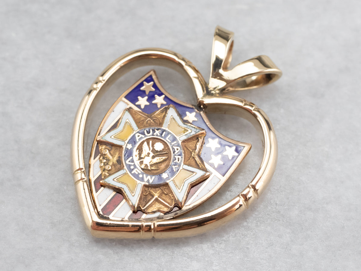 Auxiliary VFW Gold and Enamel Shield Heart Pendant