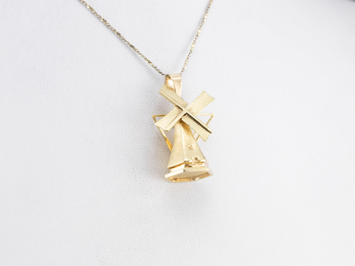 Large Moving Windmill Gold Pendant