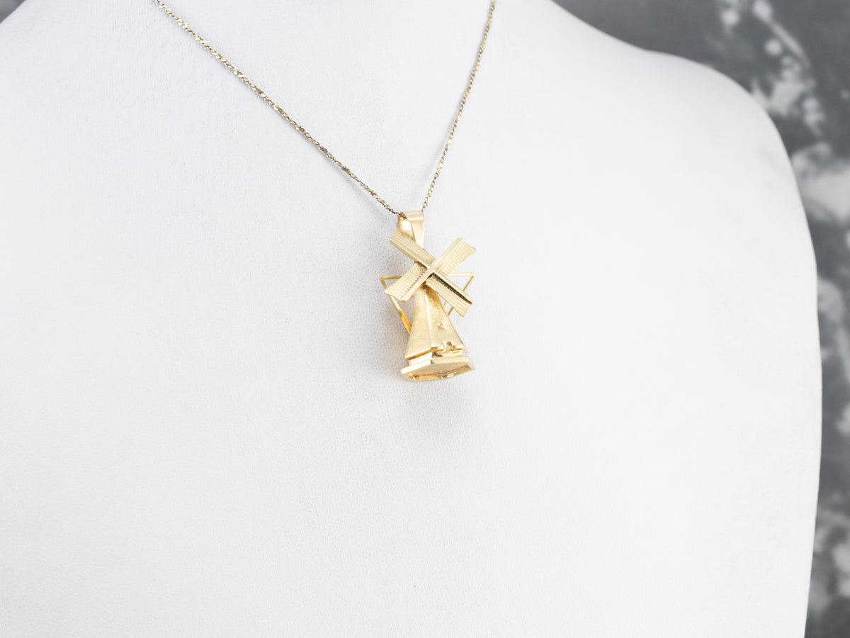 Large Moving Windmill Gold Pendant