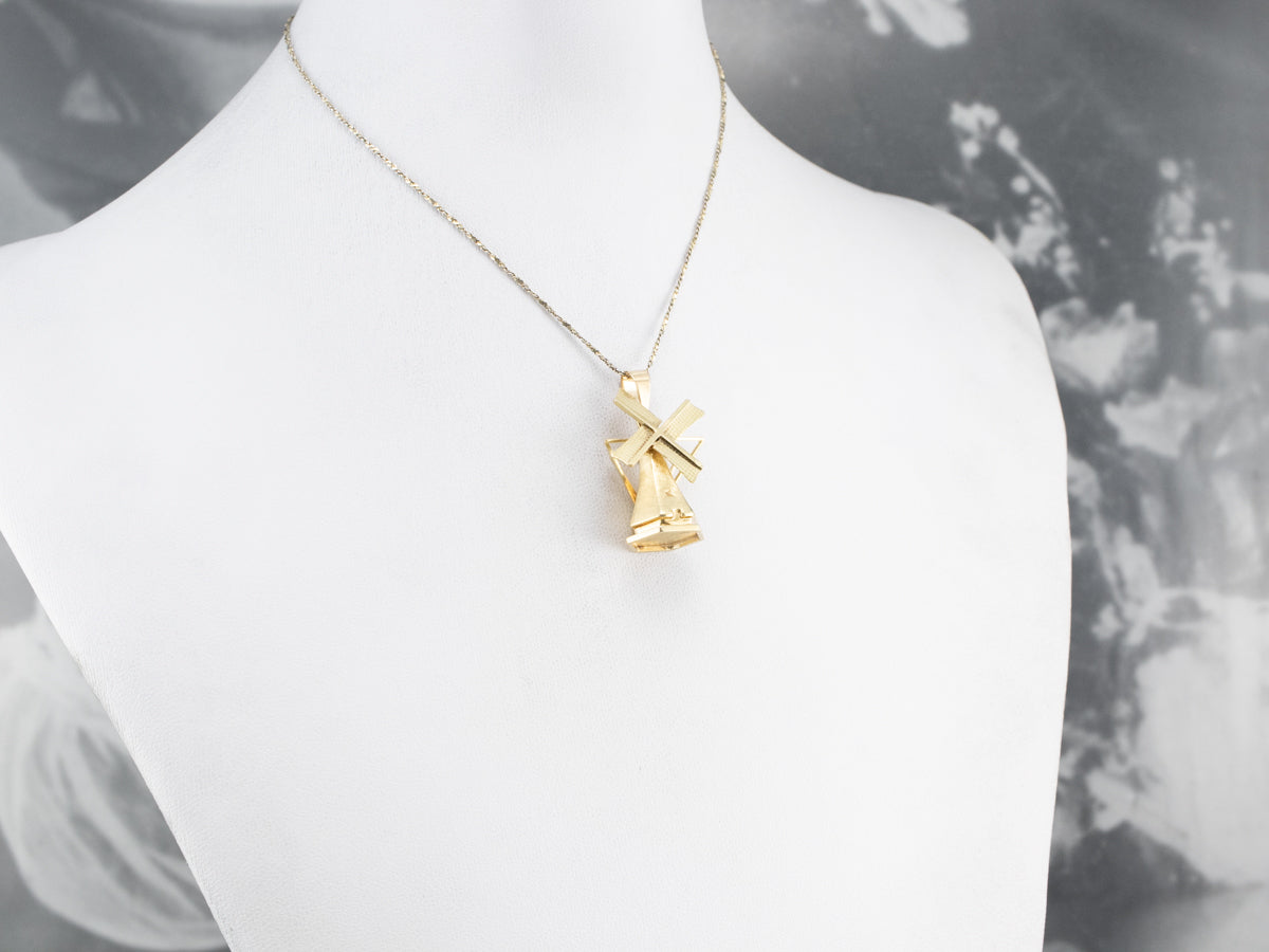Large Moving Windmill Gold Pendant