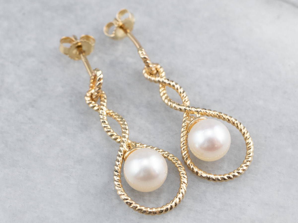 Pearl Gold Twisted Wire Drop Earrings