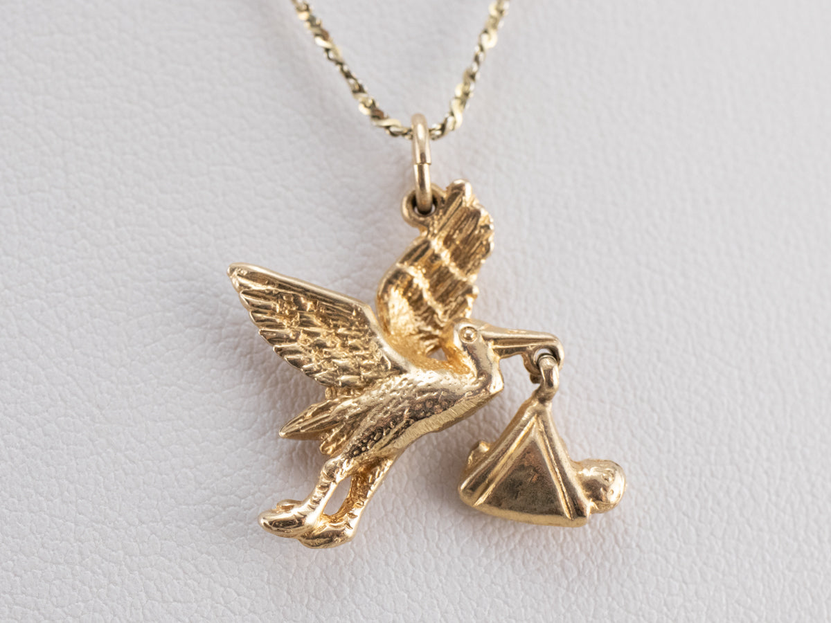 Vintage Gold Stork Charm Pendant