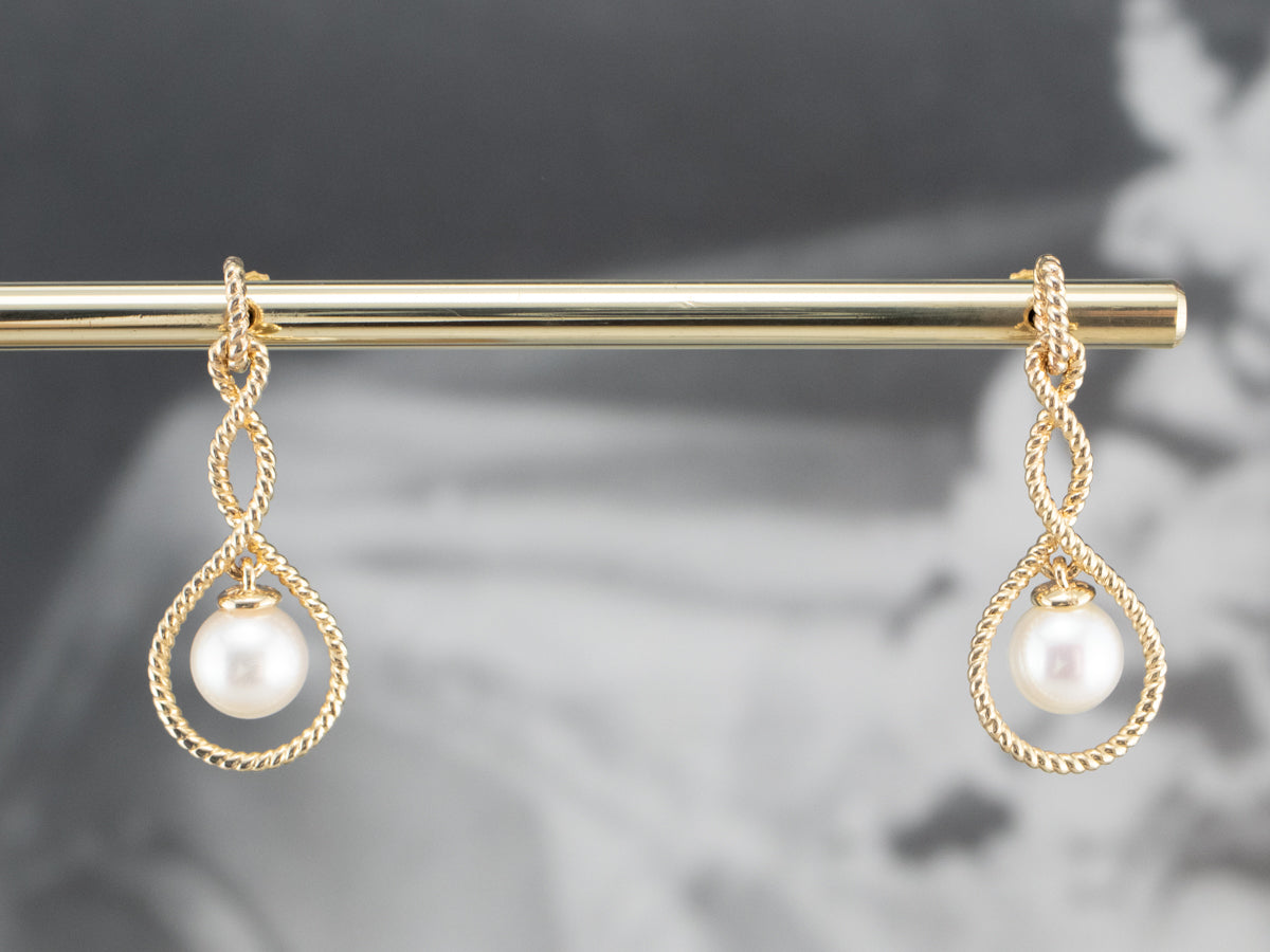 Pearl Gold Twisted Wire Drop Earrings