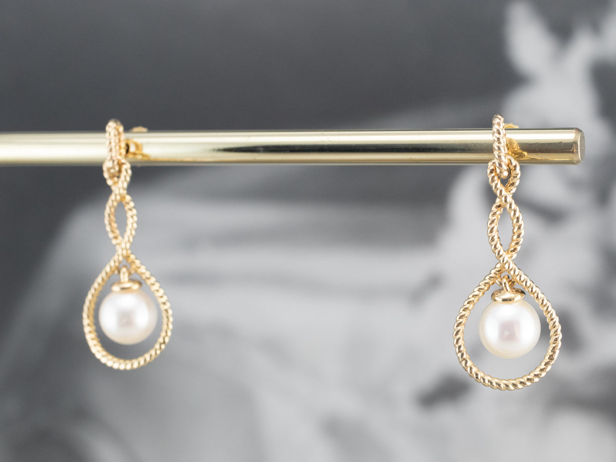 Pearl Gold Twisted Wire Drop Earrings