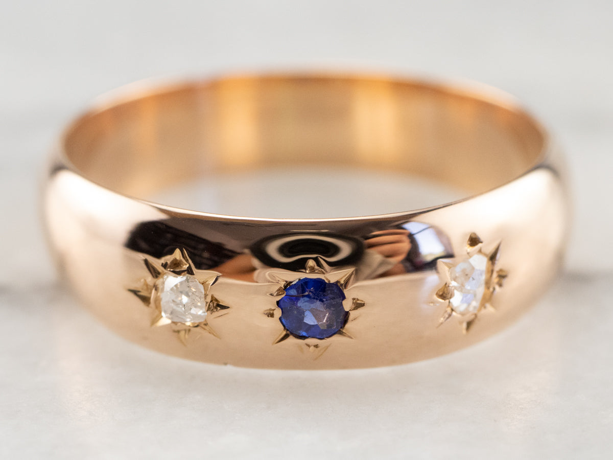 Antique Star Set Sapphire Diamond 18K Rose Gold Band