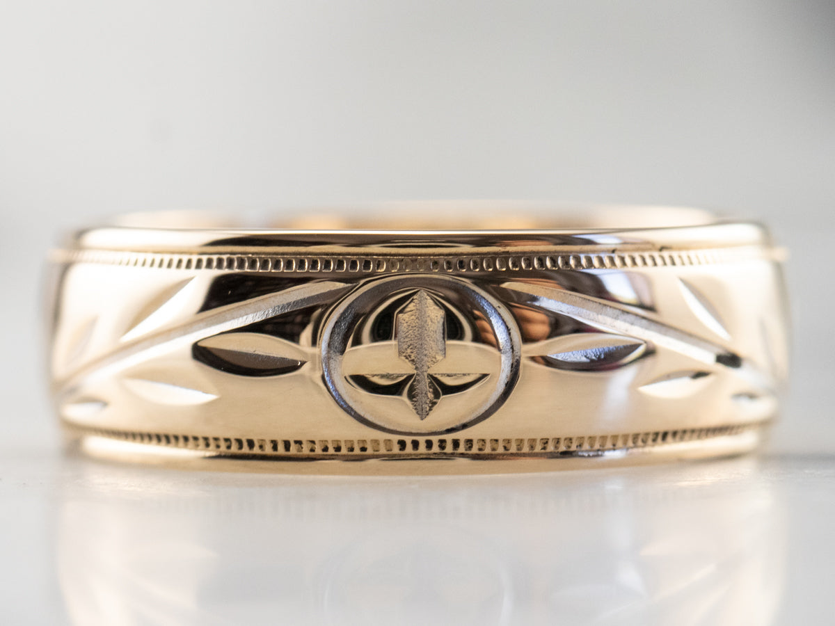Laurel Patterned Two Tone Gold Wedding Band