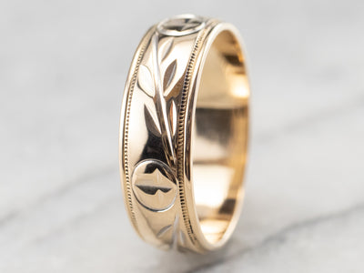Laurel Patterned Two Tone Gold Wedding Band