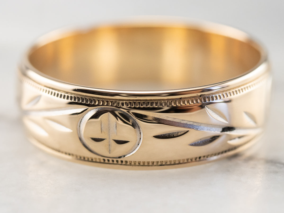 Laurel Patterned Two Tone Gold Wedding Band