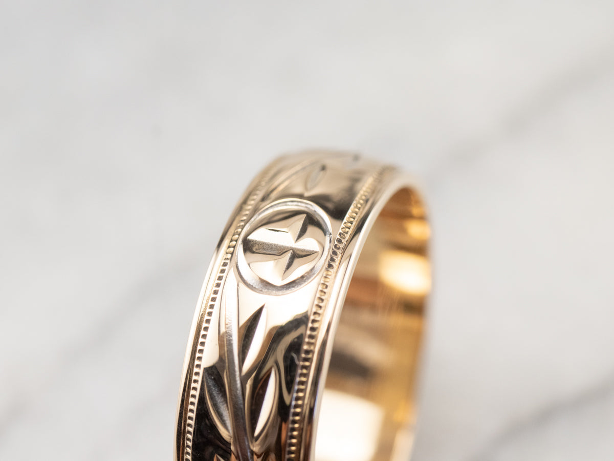 Laurel Patterned Two Tone Gold Wedding Band