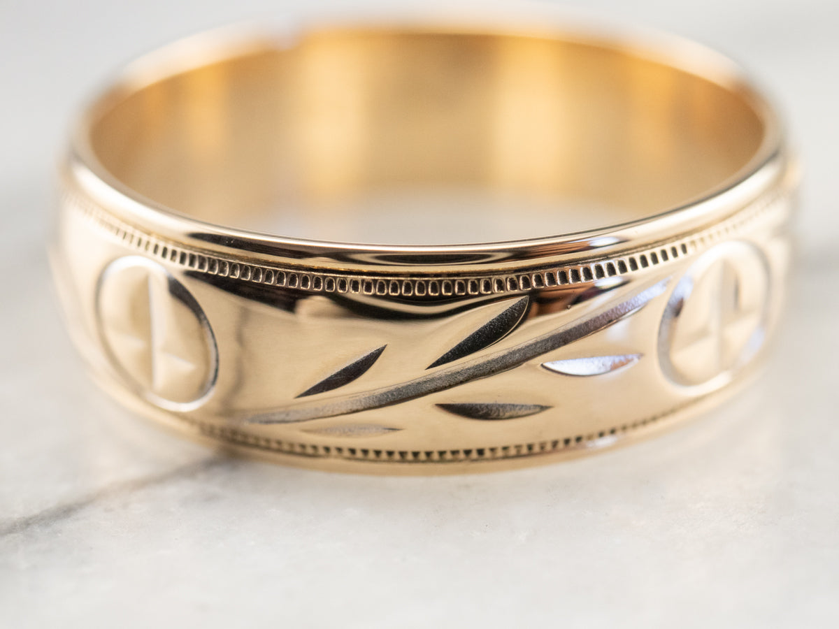 Laurel Patterned Two Tone Gold Wedding Band