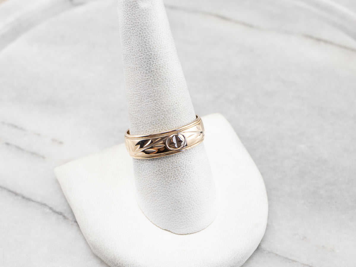 Laurel Patterned Two Tone Gold Wedding Band