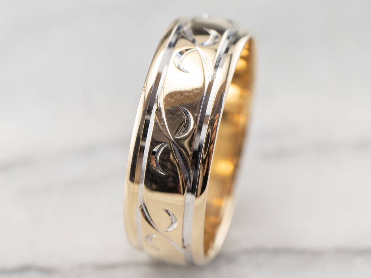 Patterned Two Tone Gold Wedding Band