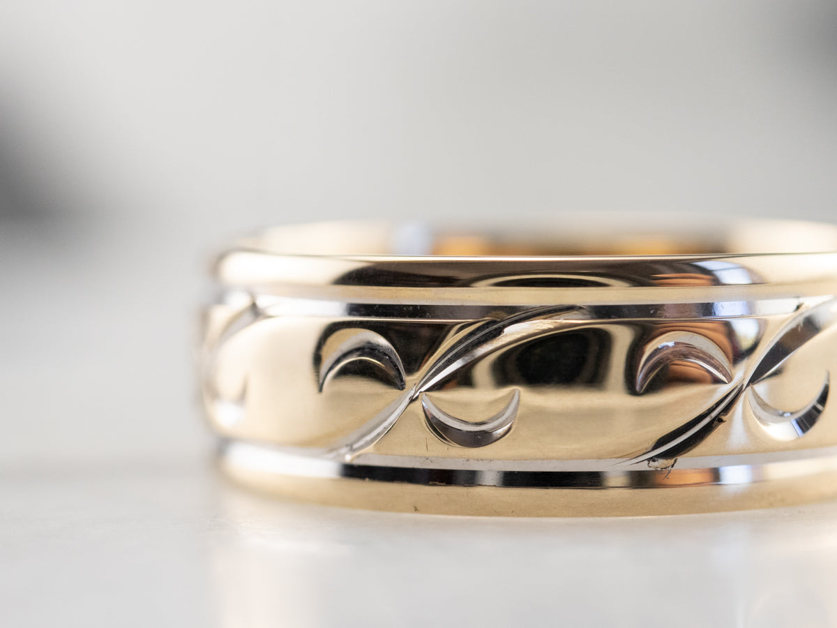 Patterned Two Tone Gold Wedding Band