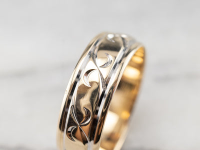 Patterned Two Tone Gold Wedding Band