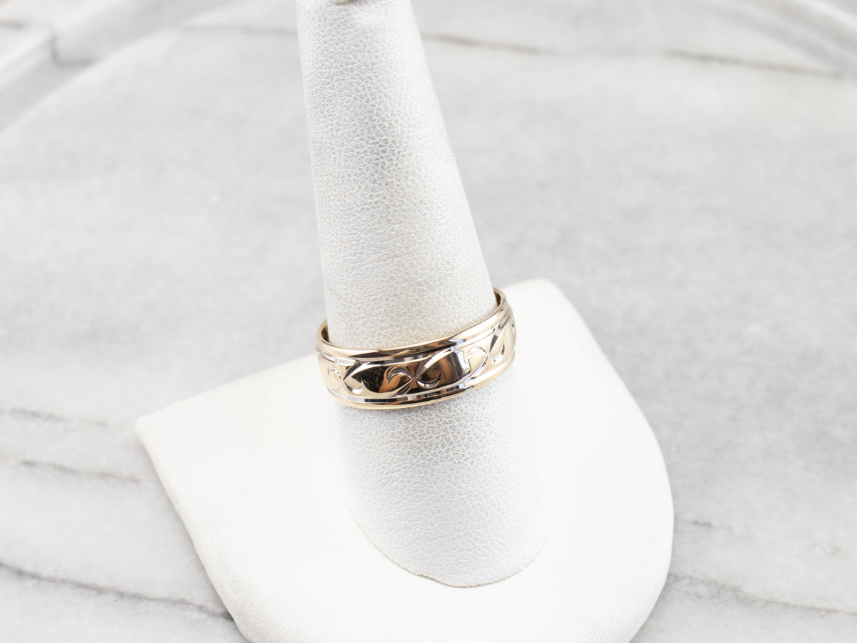 Patterned Two Tone Gold Wedding Band