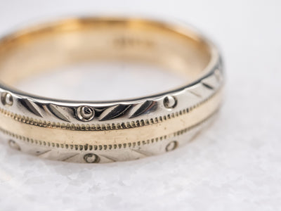 Vintage Patterned Two Tone Gold Wedding Band