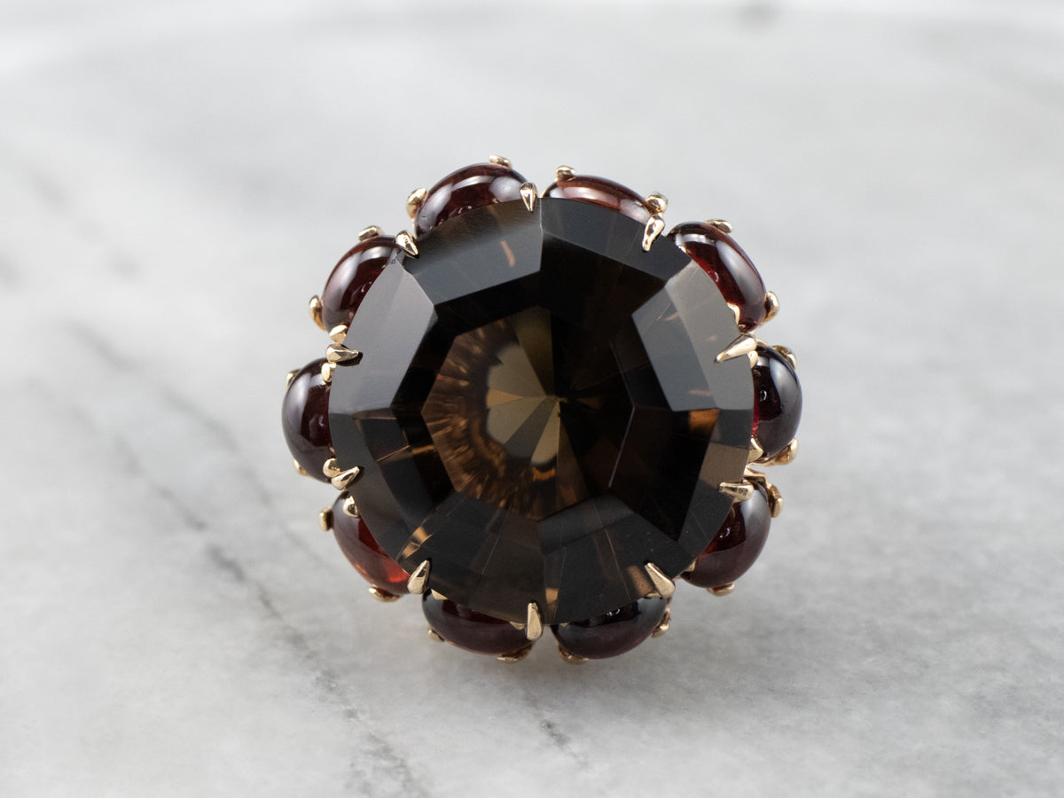 Smoky Quartz Garnet Halo Gold Cocktail Ring