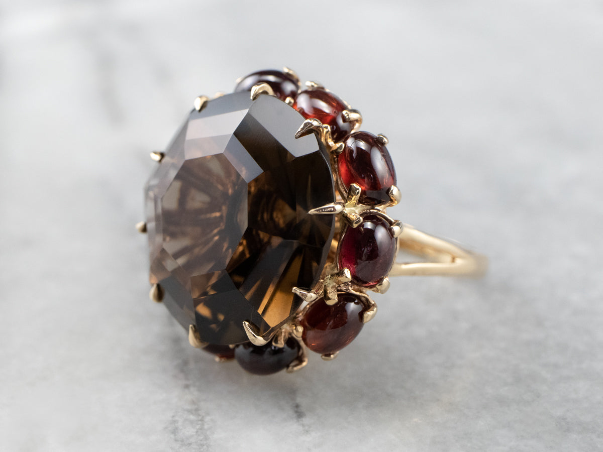 Smoky Quartz Garnet Halo Gold Cocktail Ring