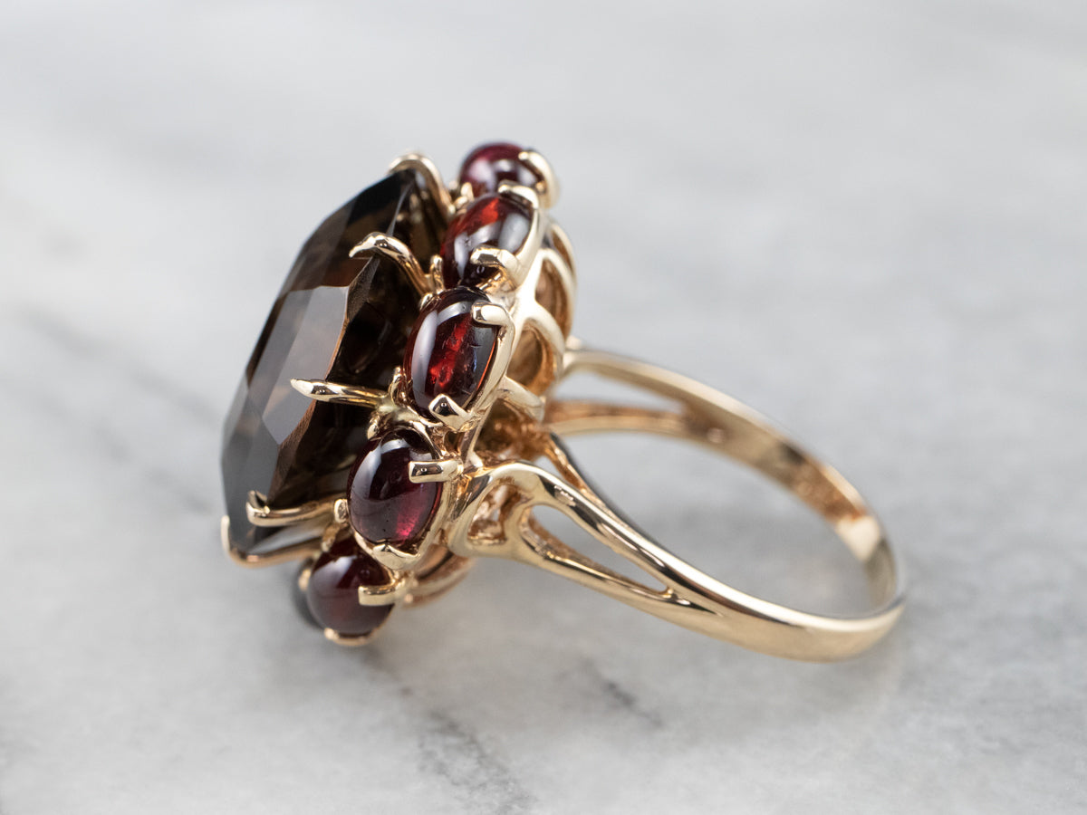 Smoky Quartz Garnet Halo Gold Cocktail Ring