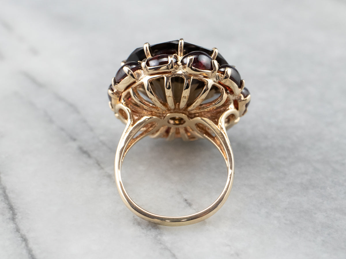 Smoky Quartz Garnet Halo Gold Cocktail Ring