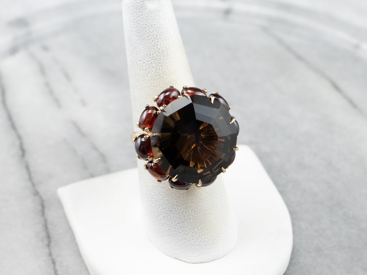 Smoky Quartz Garnet Halo Gold Cocktail Ring