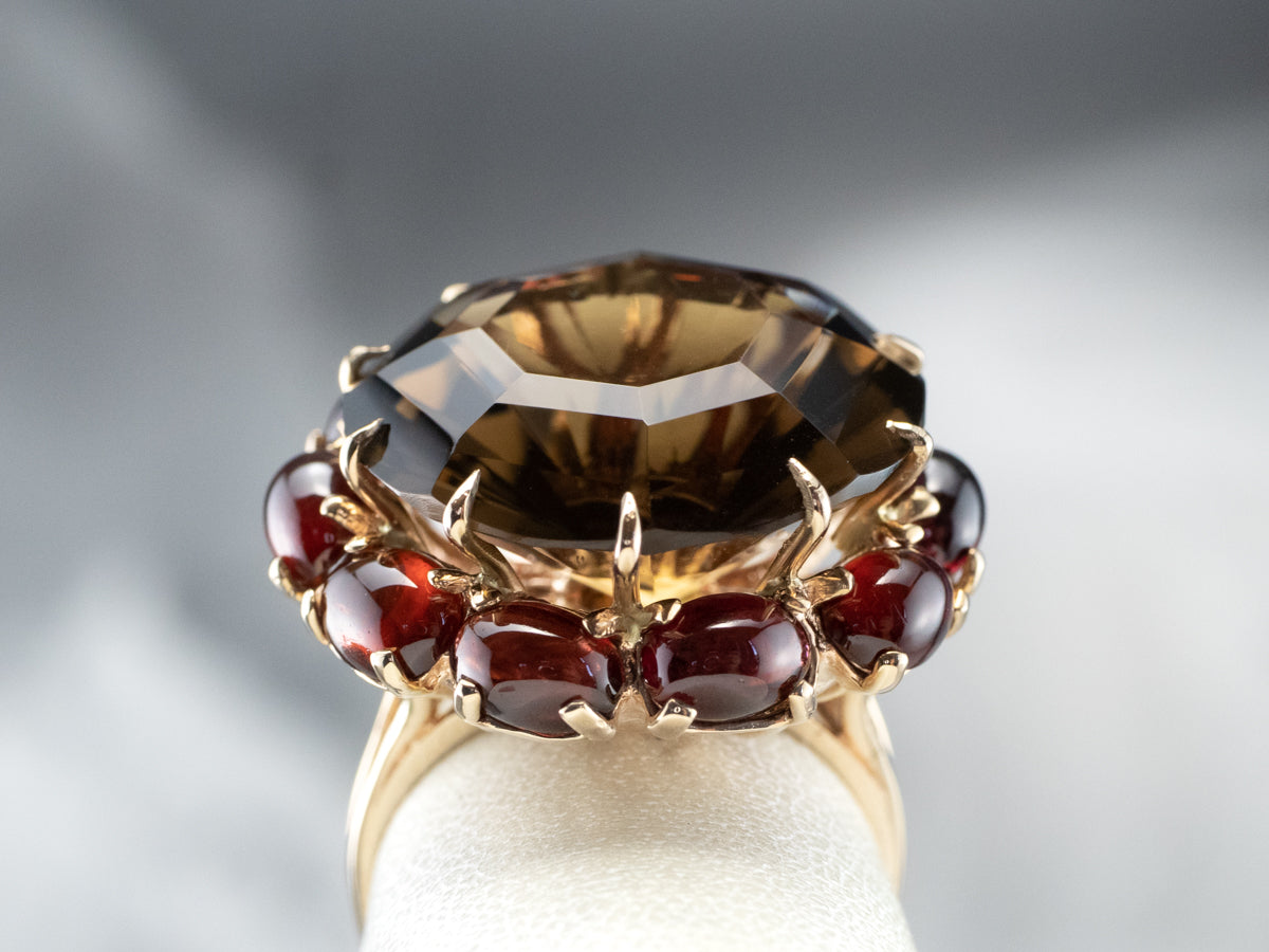 Smoky Quartz Garnet Halo Gold Cocktail Ring