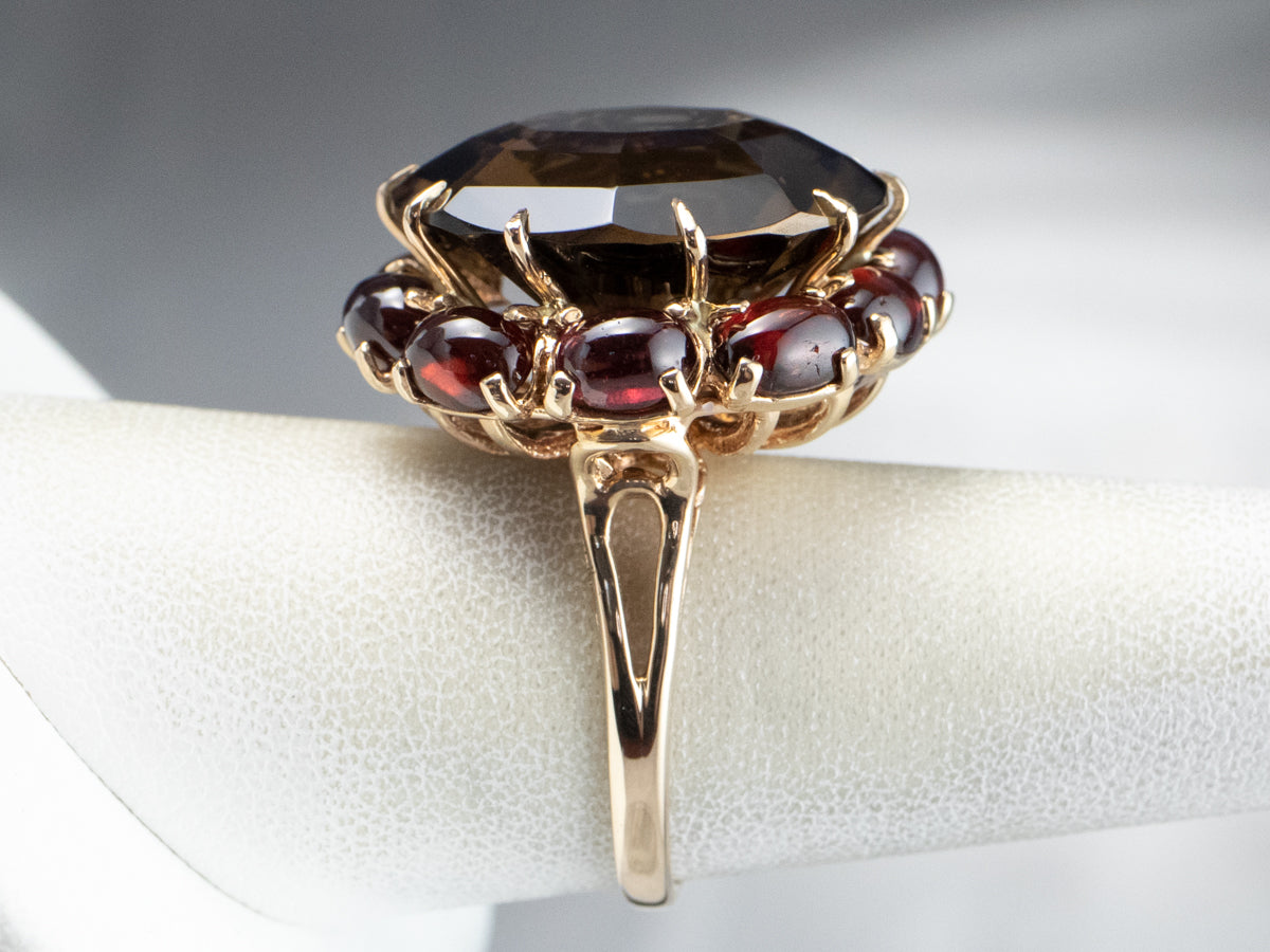 Smoky Quartz Garnet Halo Gold Cocktail Ring