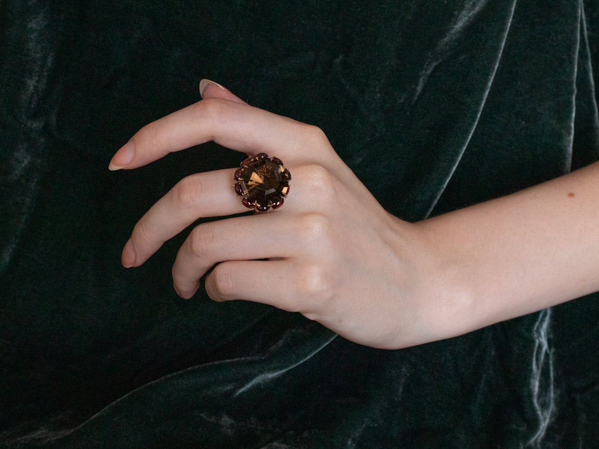 Smoky Quartz Garnet Halo Gold Cocktail Ring