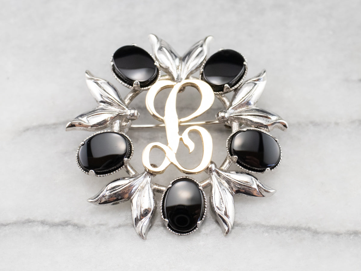 Onyx Silver and Gold "L" Signet Pin