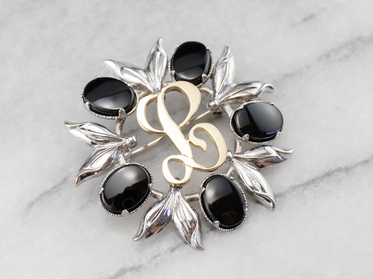Onyx Silver and Gold "L" Signet Pin