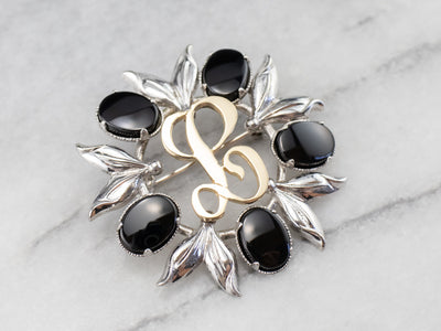 Onyx Silver and Gold "L" Signet Pin