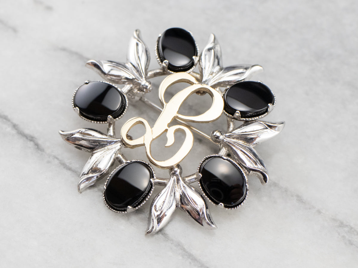 Onyx Silver and Gold "L" Signet Pin
