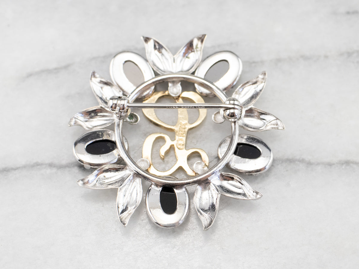 Onyx Silver and Gold "L" Signet Pin