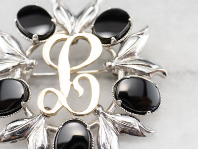 Onyx Silver and Gold "L" Signet Pin