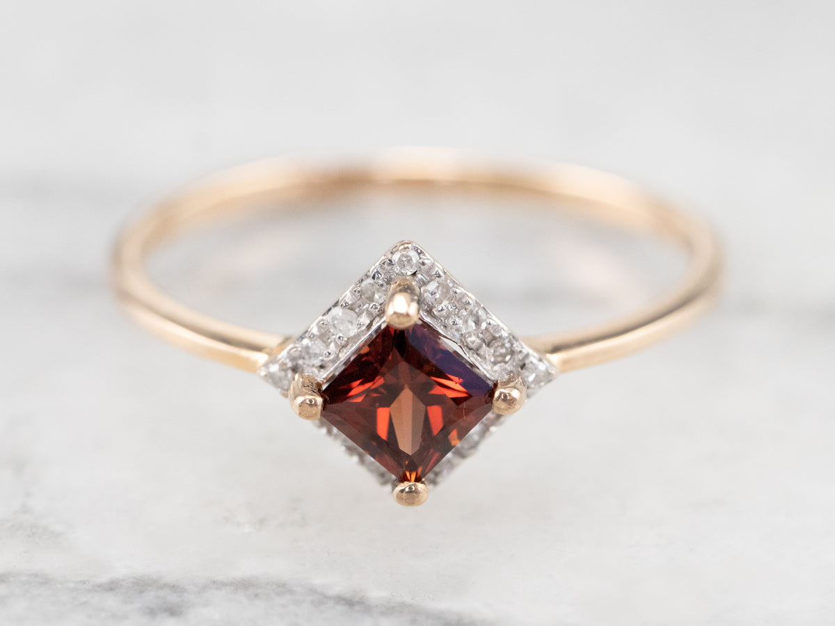Square Cut Garnet Diamond Halo Gold Ring