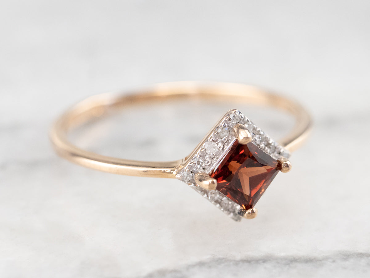 Square Cut Garnet Diamond Halo Gold Ring