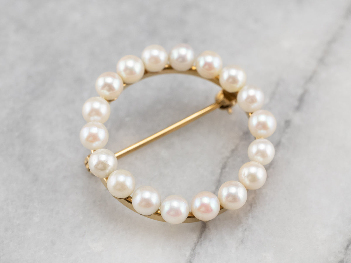 Vintage Pearl Gold Circle Brooch