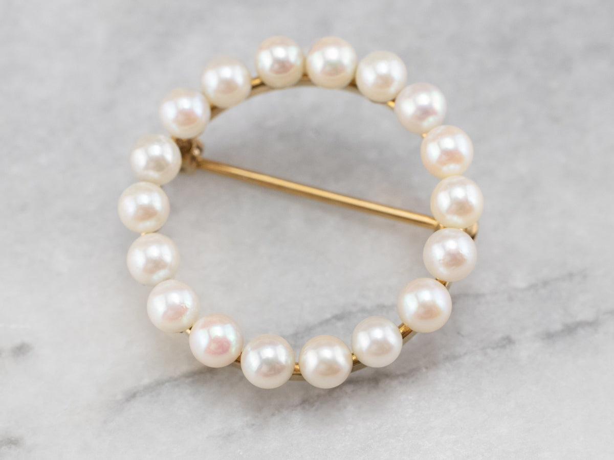 Vintage Pearl Gold Circle Brooch