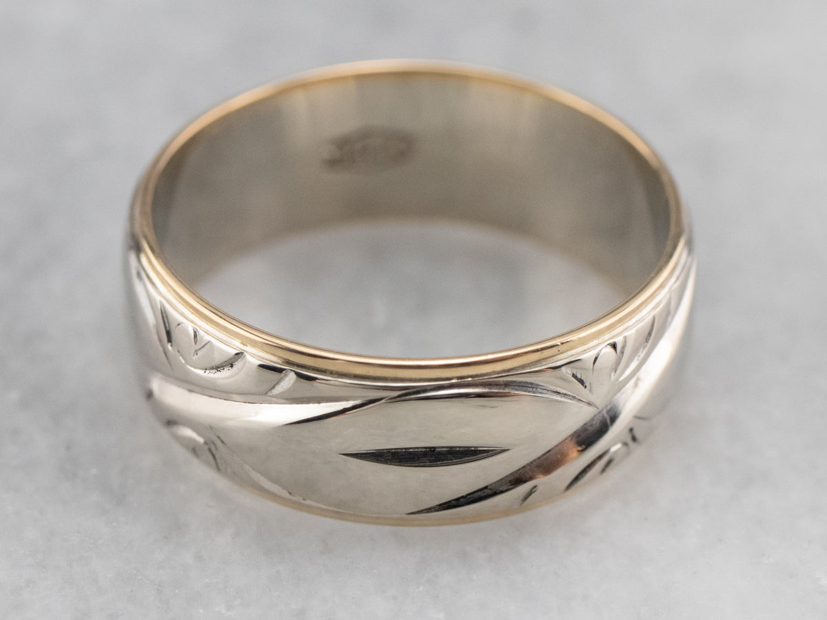 Two Tone 14K Gold Patterned Band