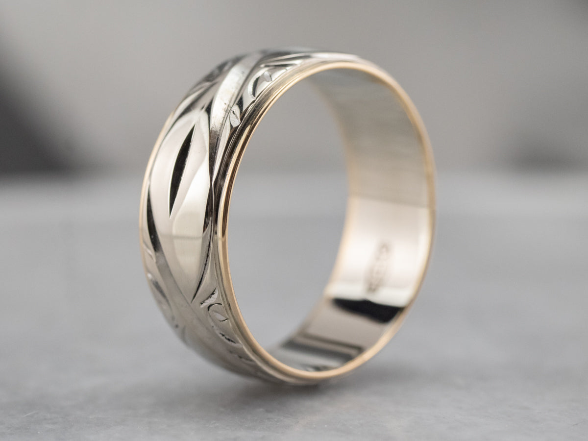 Two Tone 14K Gold Patterned Band