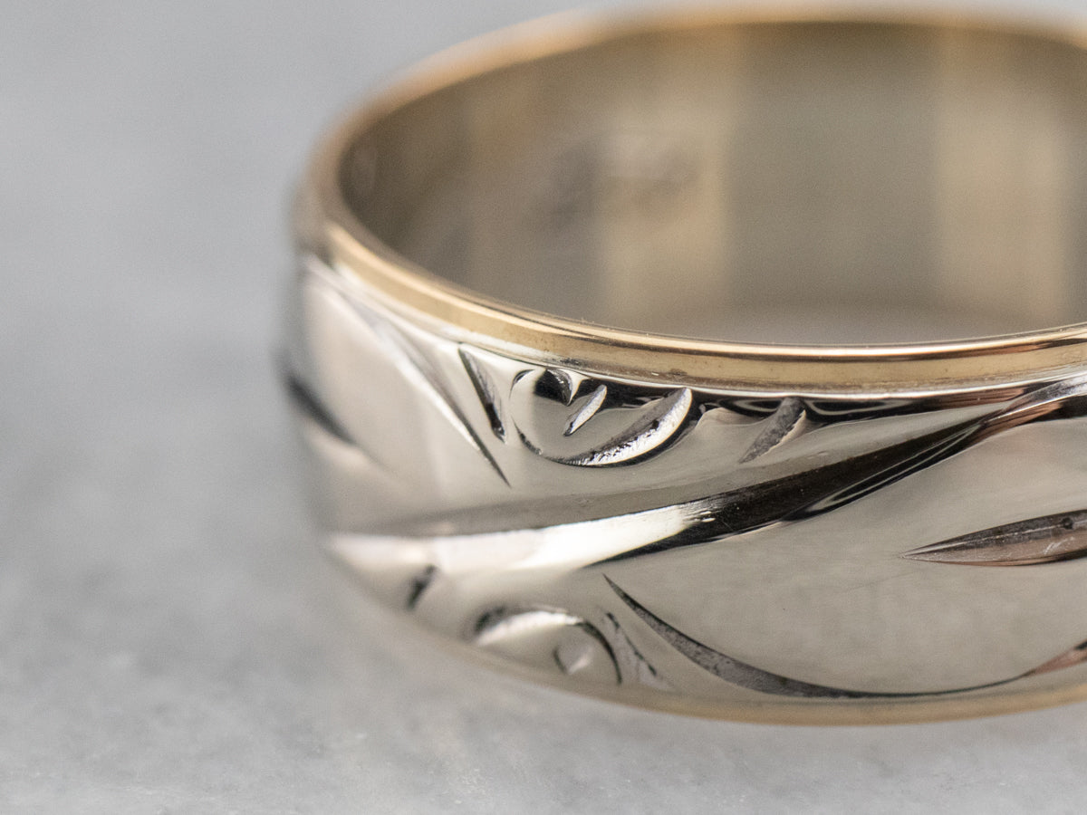 Two Tone 14K Gold Patterned Band