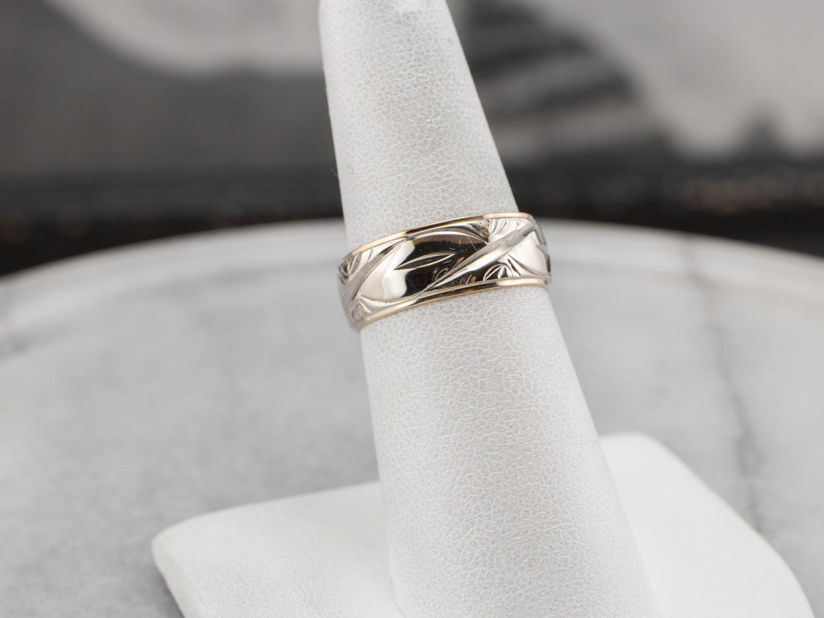 Two Tone 14K Gold Patterned Band