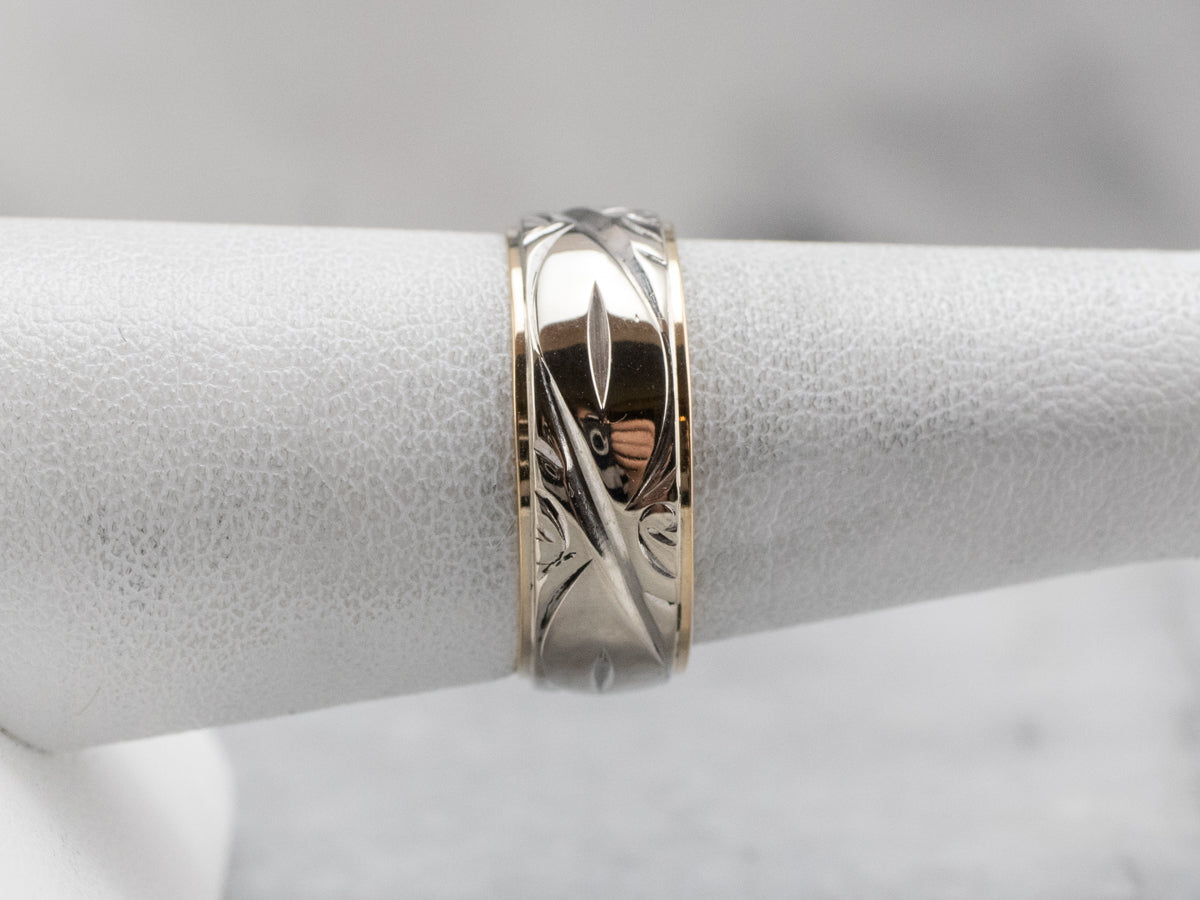 Two Tone 14K Gold Patterned Band
