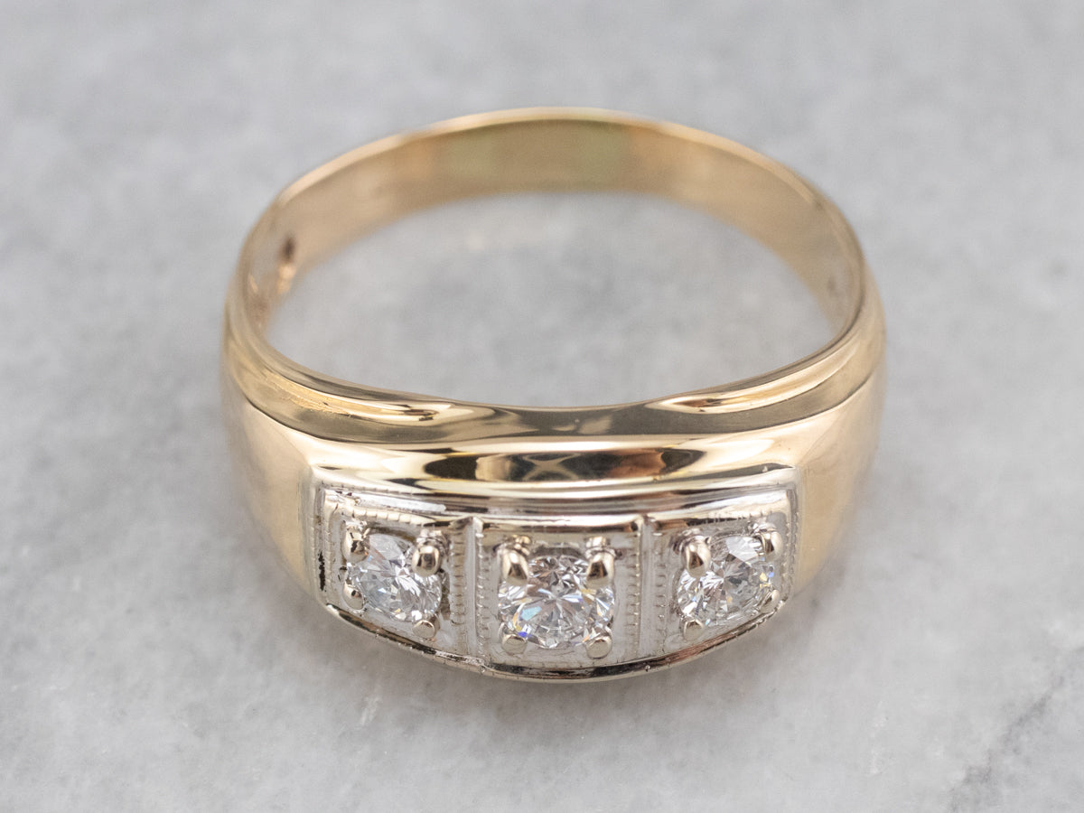 Retro Three Diamond Gold Men's Statement Ring
