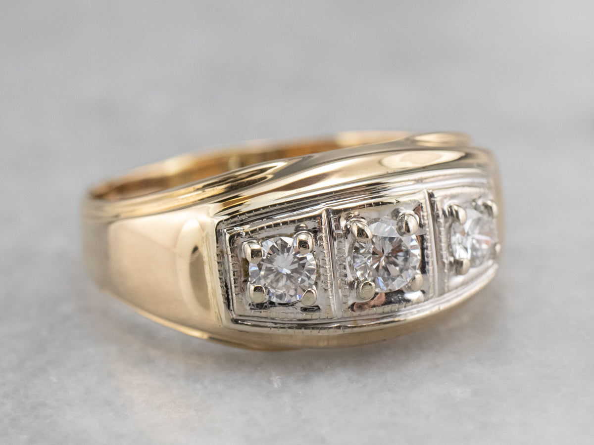 Retro Three Diamond Gold Men's Statement Ring