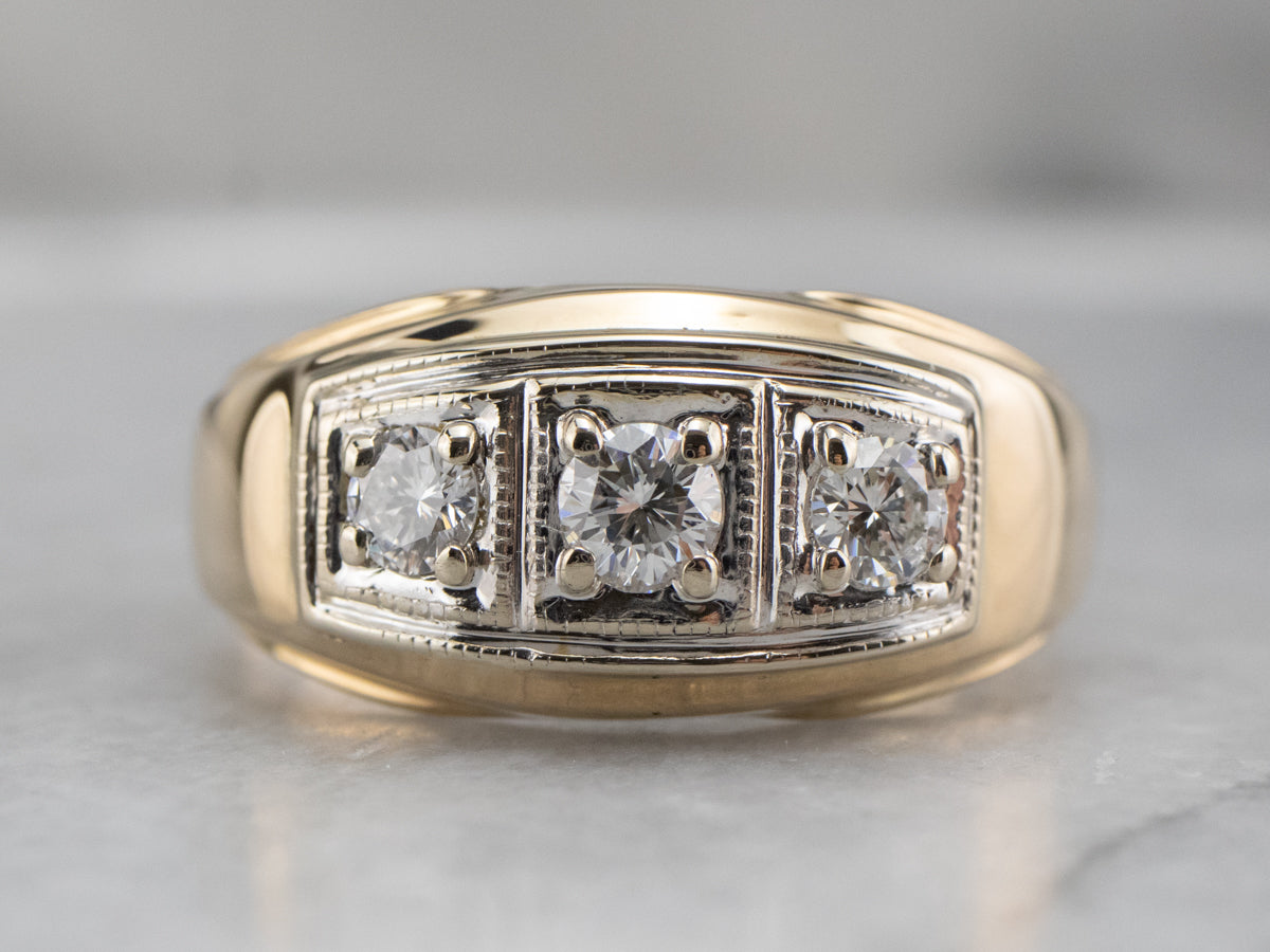 Retro Three Diamond Gold Men's Statement Ring