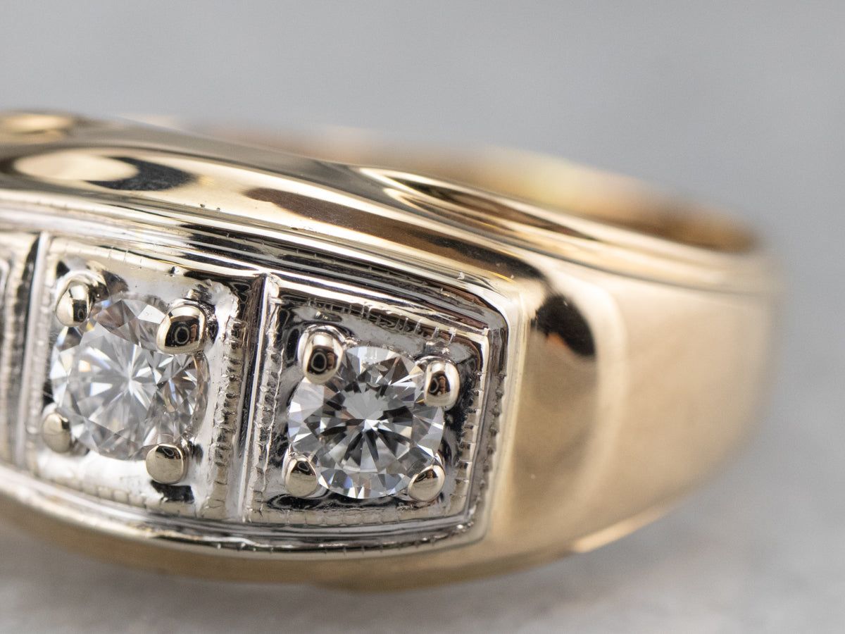 Retro Three Diamond Gold Men's Statement Ring