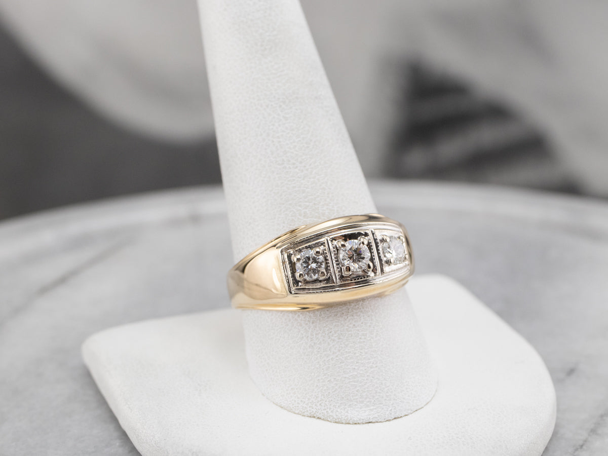 Retro Three Diamond Gold Men's Statement Ring