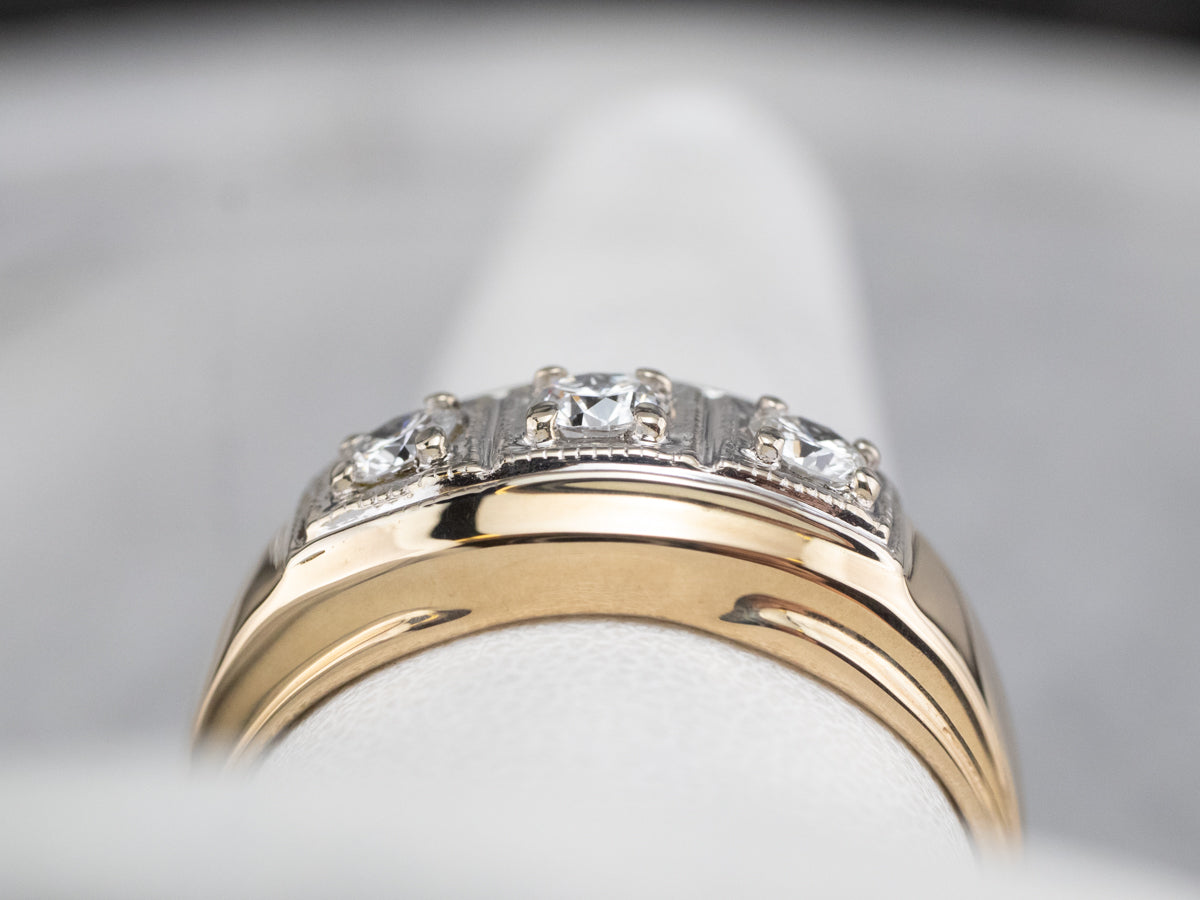 Retro Three Diamond Gold Men's Statement Ring