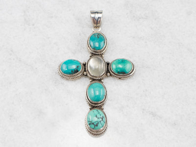 Large Moonstone Turquoise Sterling Silver Cross Pendant